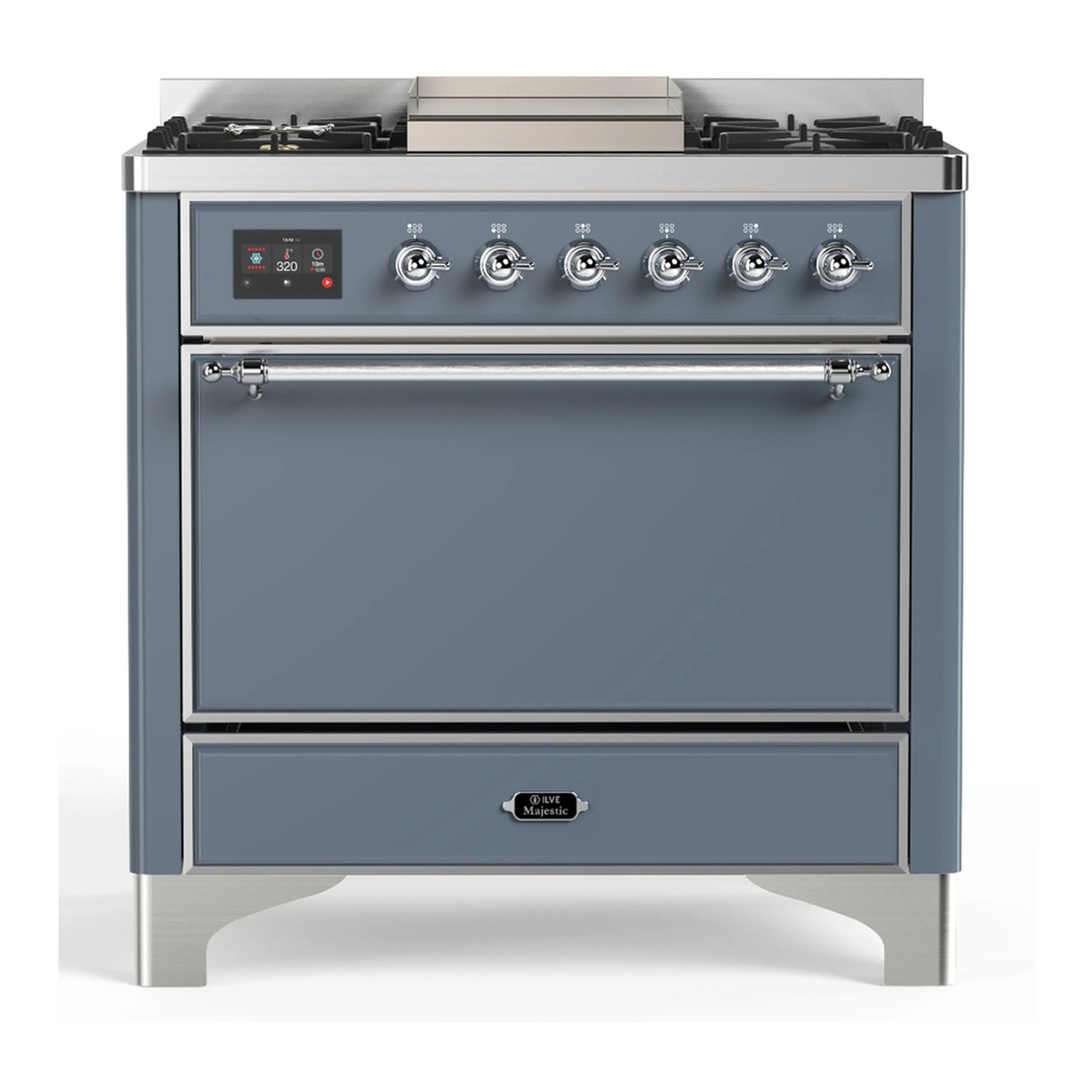 Blue-grey dual fuel range front view with control panel, oven door, and storage drawer
