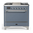 ILVE Majestic III 36-inch Dual Fuel Range with 6 Natural Gas Burner, Griddle and Solid Door Electric Oven in Blue Grey with Chrome Trim (UM36FQNR3BGC)