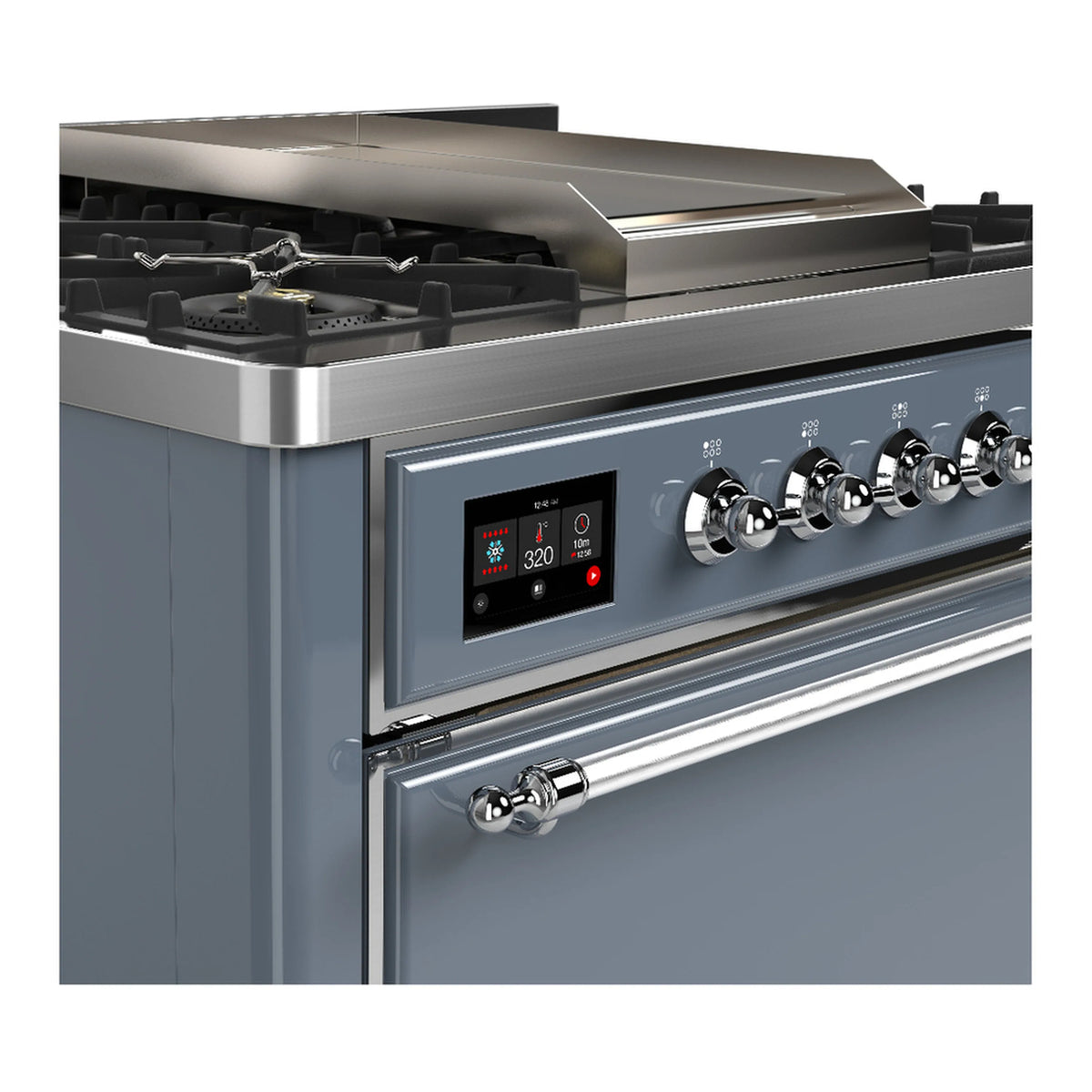 Blue-grey dual fuel range with chrome trim, control knobs, and top gas burners