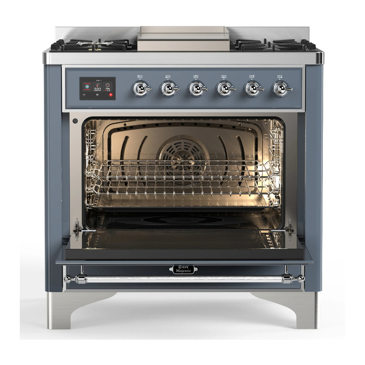 Blue-grey dual fuel range with open oven door showing wire rack and gas burner knobs