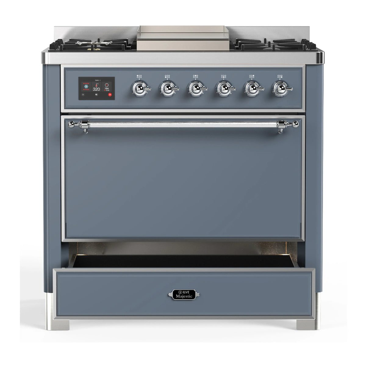 Blue-grey dual fuel range with oven door closed and chrome handle below control panel