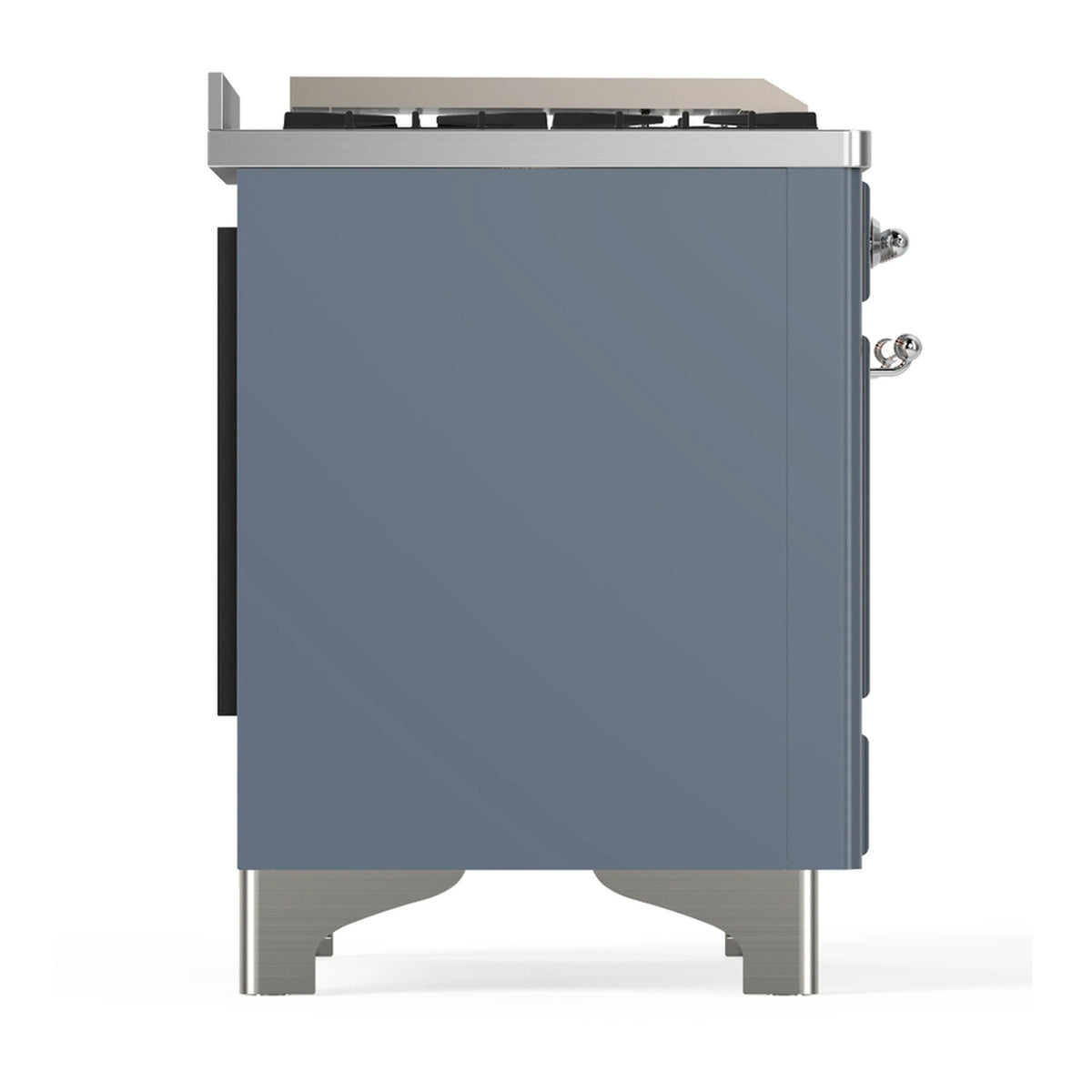 Blue-grey dual fuel range rear side panel with chrome corner details and cooktop trim