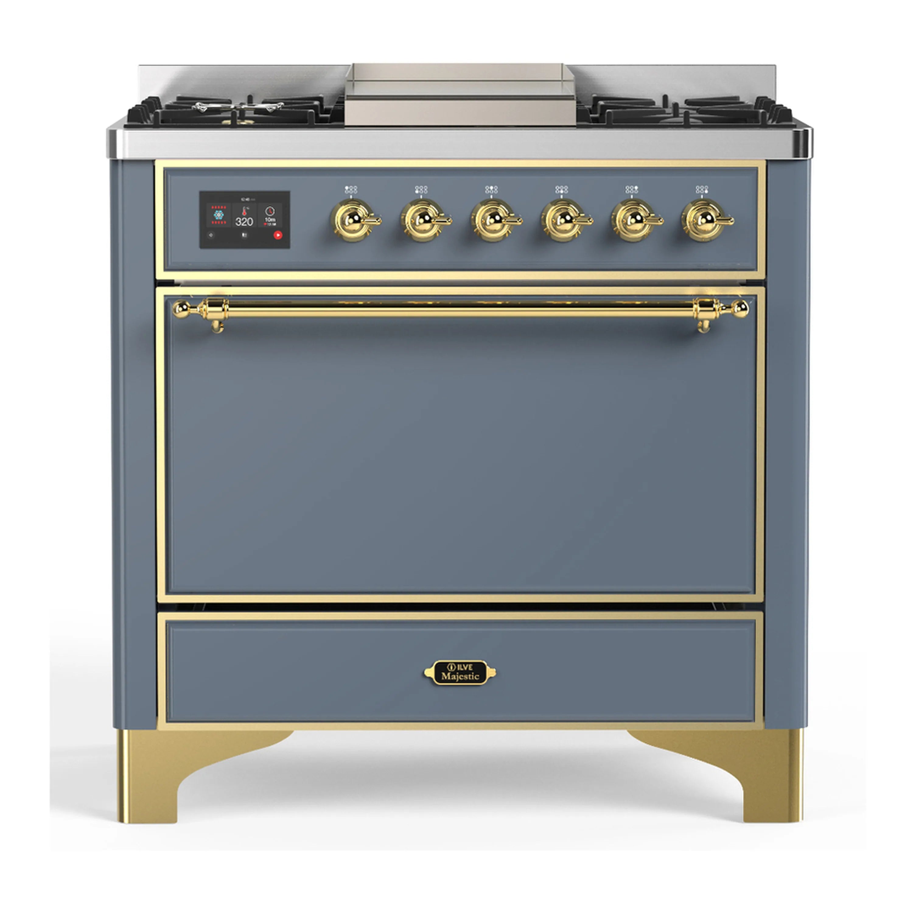Blue grey dual fuel range with brass trim, gold knobs, and closed oven door