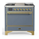 ILVE Majestic III 36-inch Dual Fuel Range with 6 Natural Gas Burner, Griddle and Solid Door Electric Oven in Blue Grey with Brass Trim (UM36FQNR3BGG)