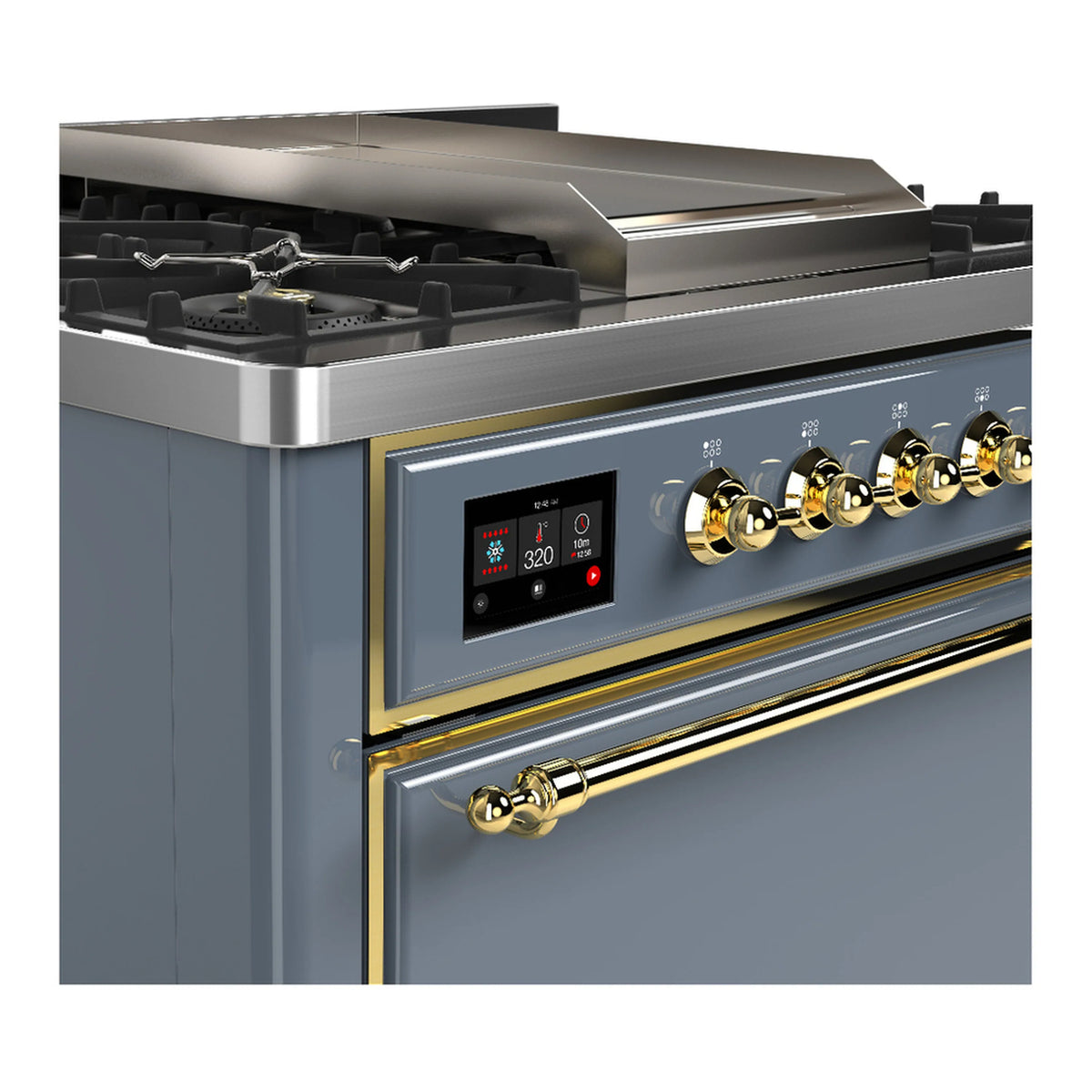 Blue grey dual fuel range control panel with brass trim and gold burner knobs