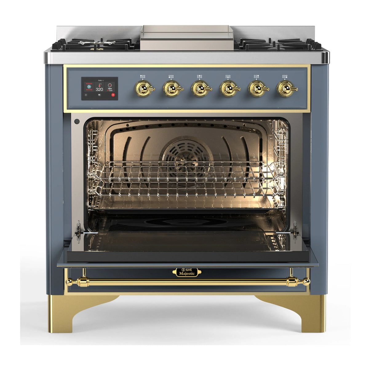 Blue grey dual fuel range with open oven door and interior oven racks
