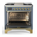 ILVE Majestic III 36-inch Dual Fuel Range with 6 Natural Gas Burner, Griddle and Solid Door Electric Oven in Blue Grey with Brass Trim (UM36FQNR3BGG)