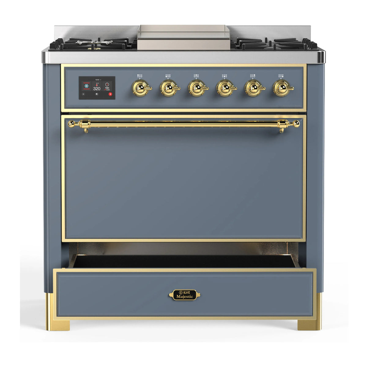 Blue grey dual fuel range with brass trim, gold knobs, and closed oven door