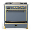 ILVE Majestic III 36-inch Dual Fuel Range with 5 Liquid Propane Burner, Griddle and Solid Door Electric Oven in Blue Grey with Brass Trim (UM36FQNR3BGGLP)