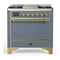 ILVE Majestic III 36-inch Dual Fuel Range with 6 Natural Gas Burner, Griddle and Solid Door Electric Oven in Blue Grey with Brass Trim (UM36FQNR3BGG)