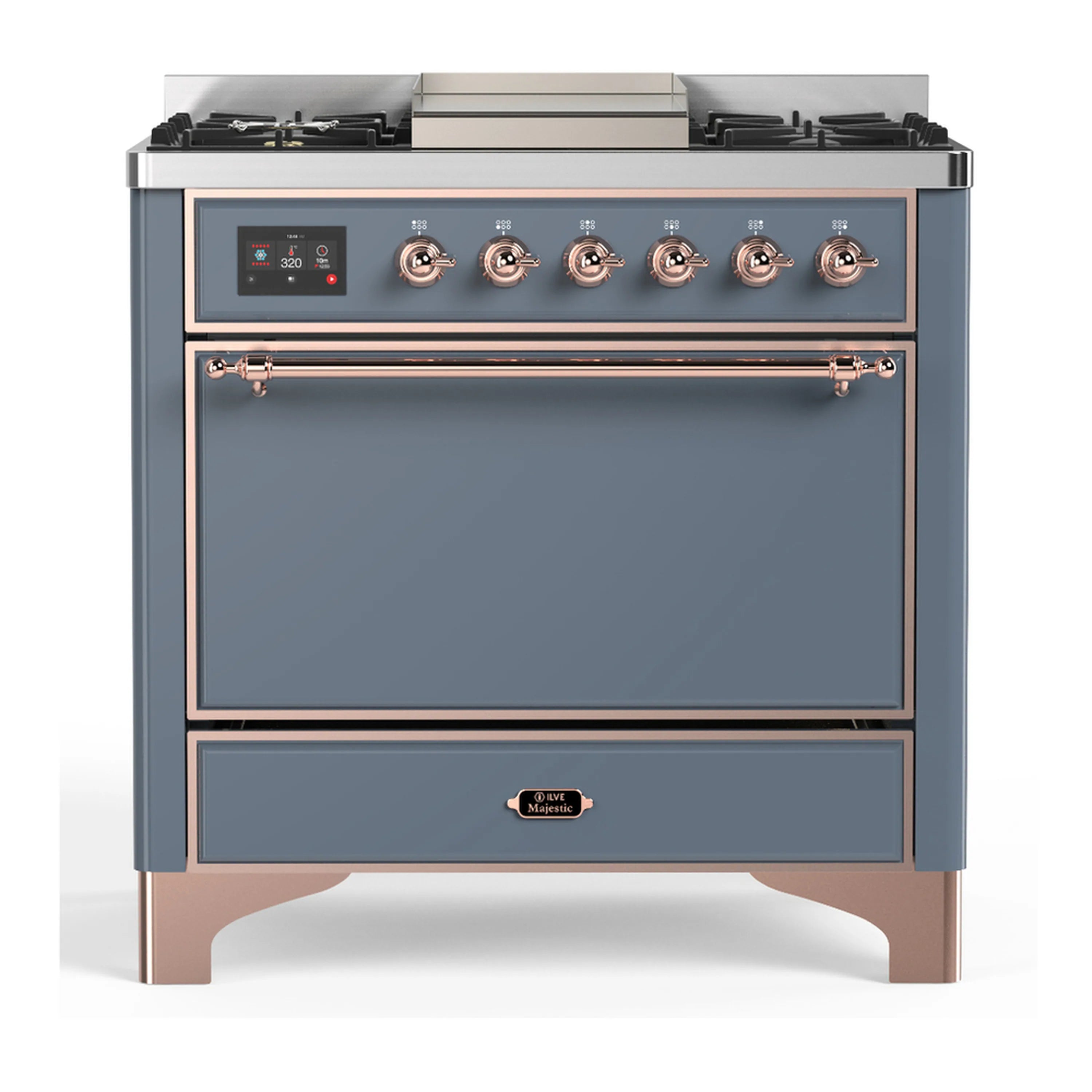 Blue-gray dual fuel range with copper-trim control panel, oven window, and lower drawer