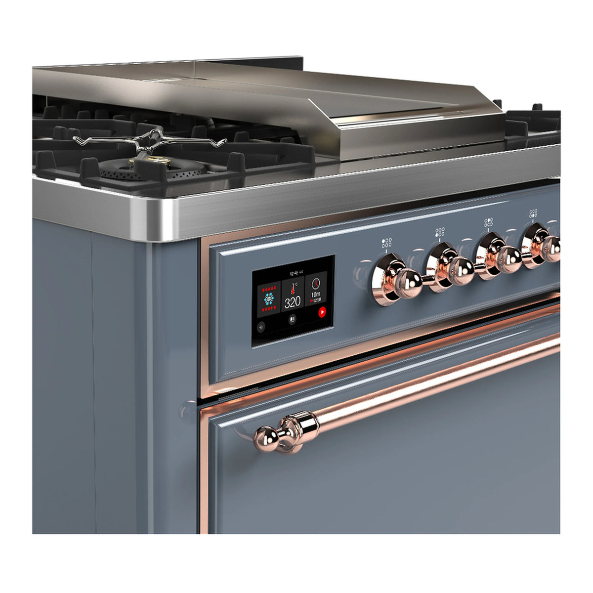 Close-up of blue-gray dual fuel range control knobs and copper trim along the oven
