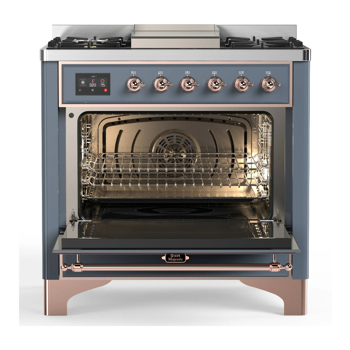 Blue-gray dual fuel range with copper-trim control panel and open solid door oven