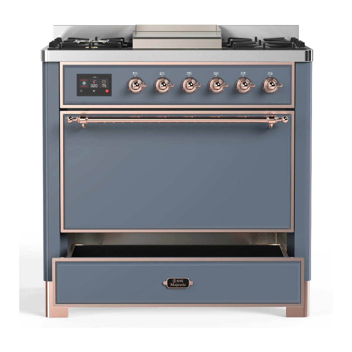 Blue-gray dual fuel range with copper-trim control panel and closed solid oven door