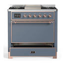 ILVE Majestic III 36-inch Dual Fuel Range with 5 Liquid Propane Burner, Griddle and Solid Door Electric Oven in Blue Grey with Copper Trim (UM36FQNR3BGPLP)