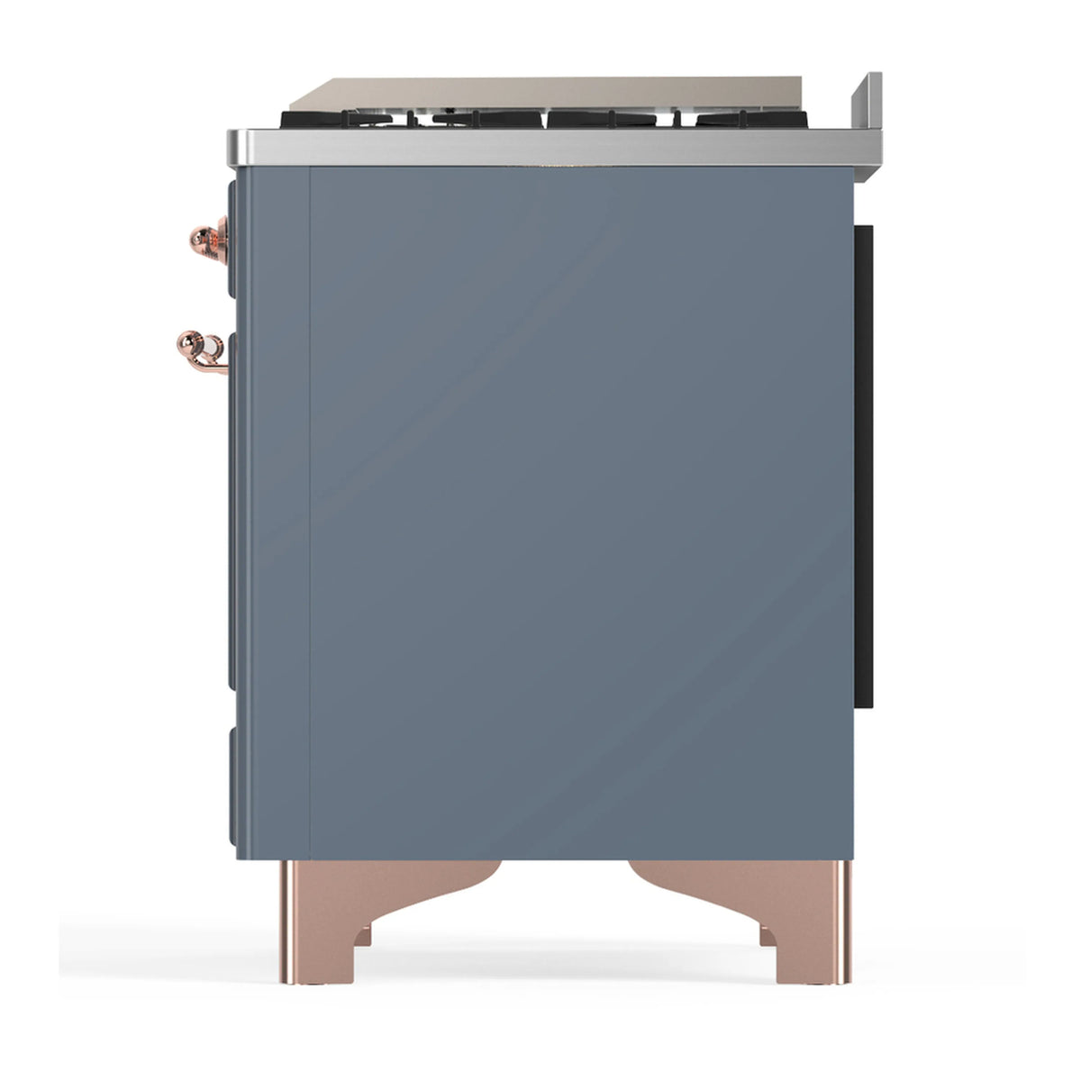 Blue-gray dual fuel range side view with copper trim accents and control area