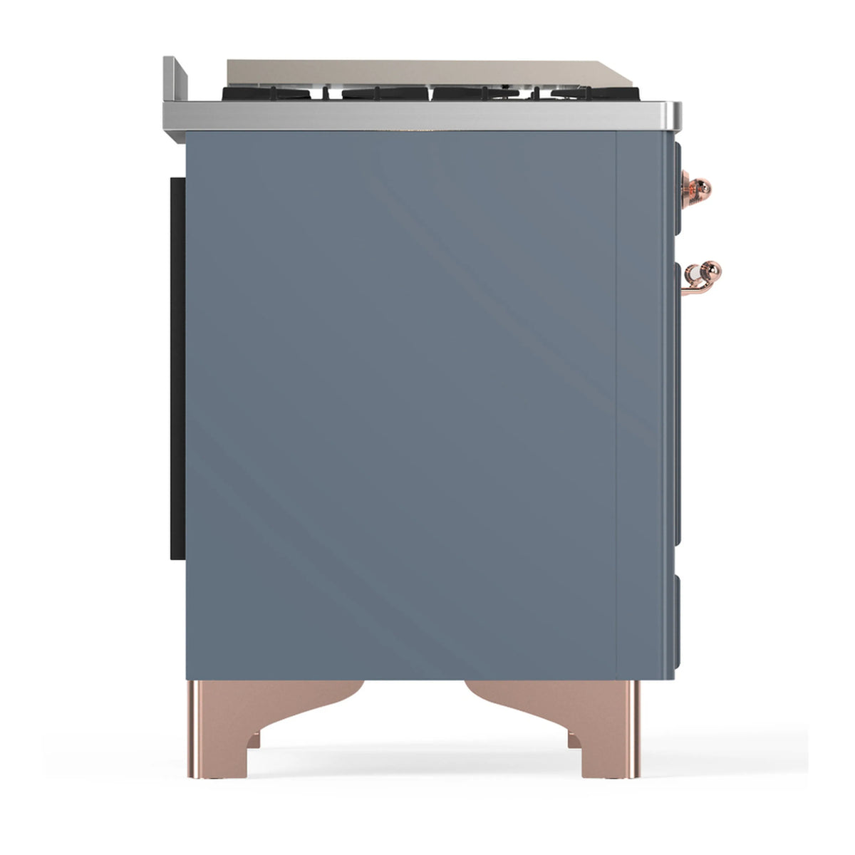 Blue-gray dual fuel range rear-side view with copper-trim side handles and legs