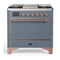 ILVE Majestic III 36-inch Dual Fuel Range with 6 Natural Gas Burner, Griddle and Solid Door Electric Oven in Blue Grey with Copper Trim (UM36FQNR3BGP)
