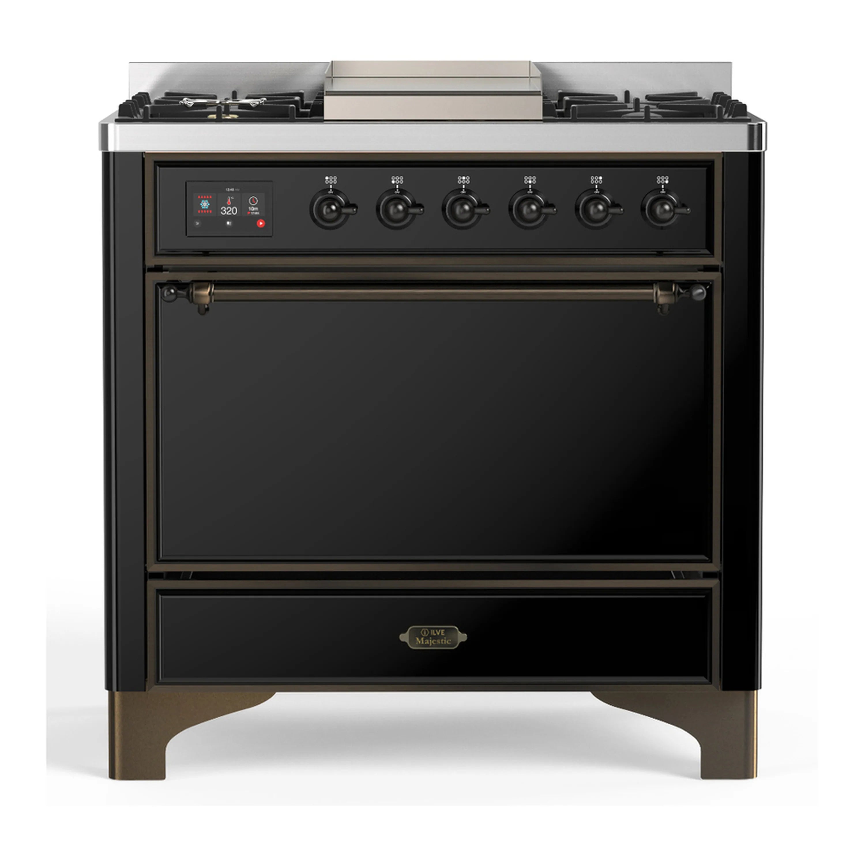 Glossy black dual fuel range with gas burners and control panel