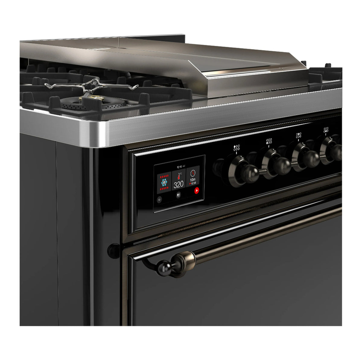 Front-side view of glossy black range with knobs and digital display
