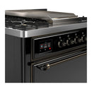 ILVE Majestic III 36-inch Dual Fuel Range with 5 Liquid Propane Burner, Griddle and Solid Door Electric Oven in Glossy Black with Burnished Trim (UM36FQNR3BKBLP)