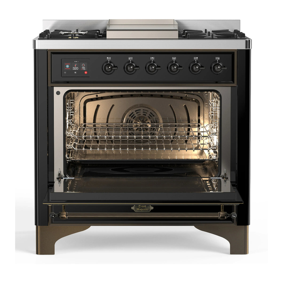 Glossy black dual fuel range with open electric oven and wire racks