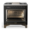 ILVE Majestic III 36-inch Dual Fuel Range with 5 Liquid Propane Burner, Griddle and Solid Door Electric Oven in Glossy Black with Burnished Trim (UM36FQNR3BKBLP)