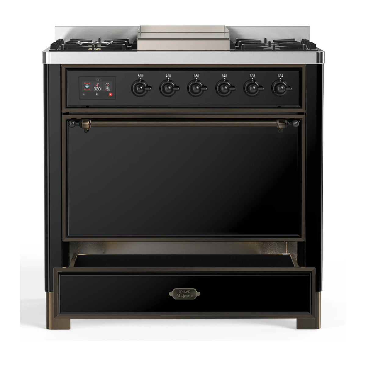 Glossy black dual fuel range with closed oven door and control panel
