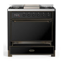 ILVE Majestic III 36-inch Dual Fuel Range with 5 Liquid Propane Burner, Griddle and Solid Door Electric Oven in Glossy Black with Burnished Trim (UM36FQNR3BKBLP)