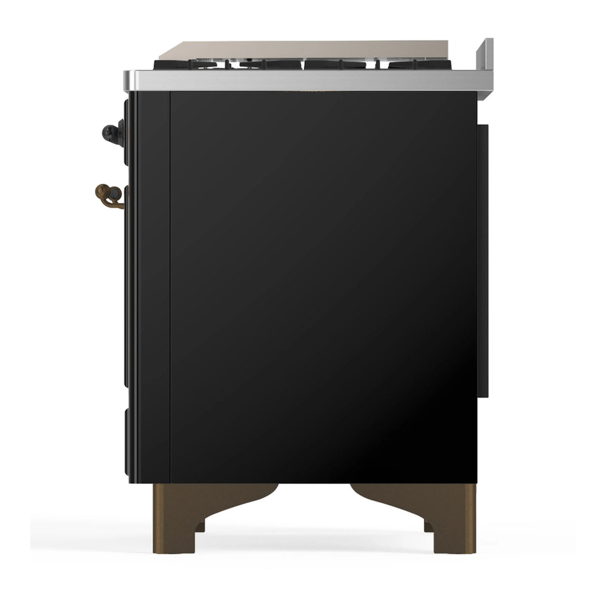 Left-side view of glossy black dual fuel range with metal trim