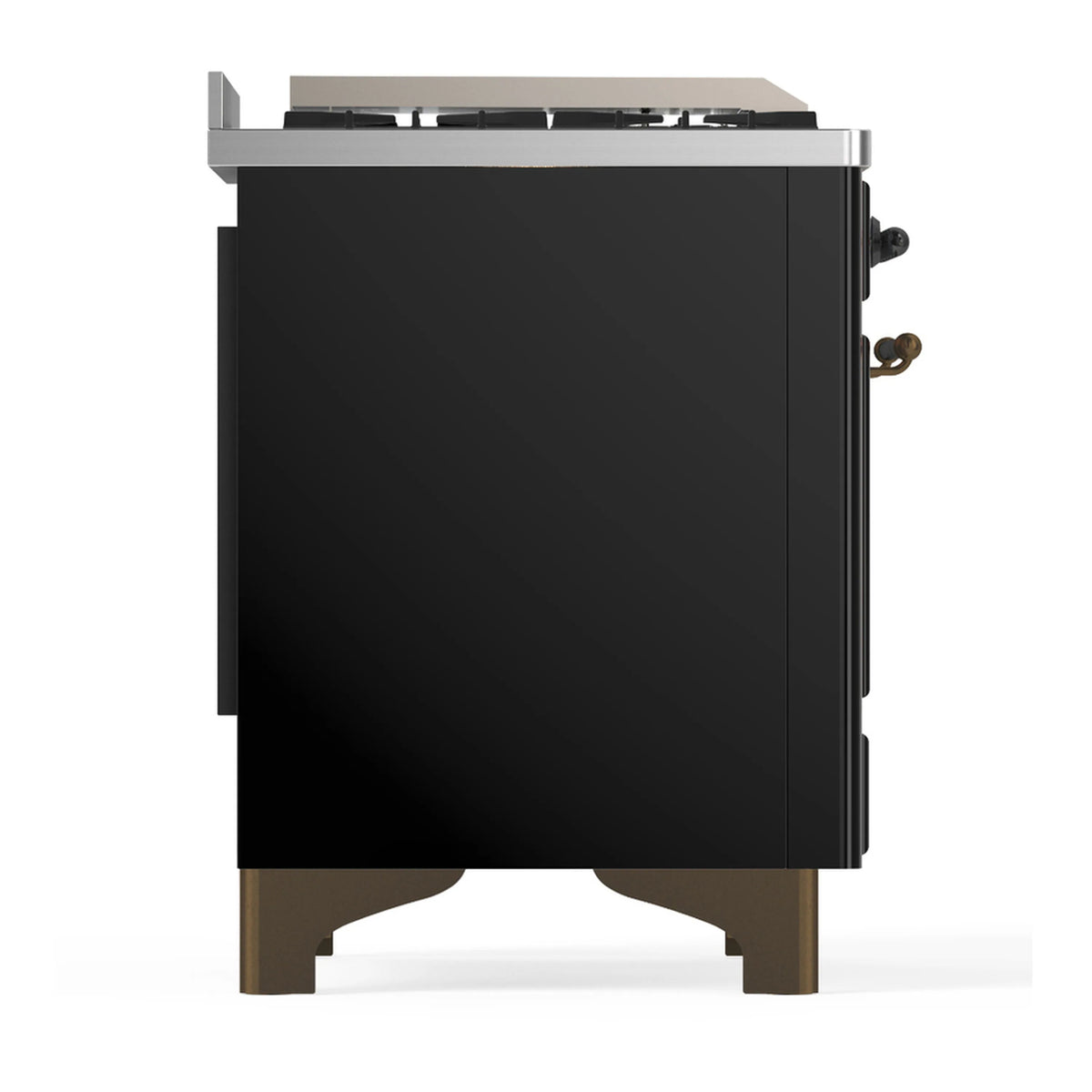 Glossy black dual fuel range rear side view with stainless trim and controls