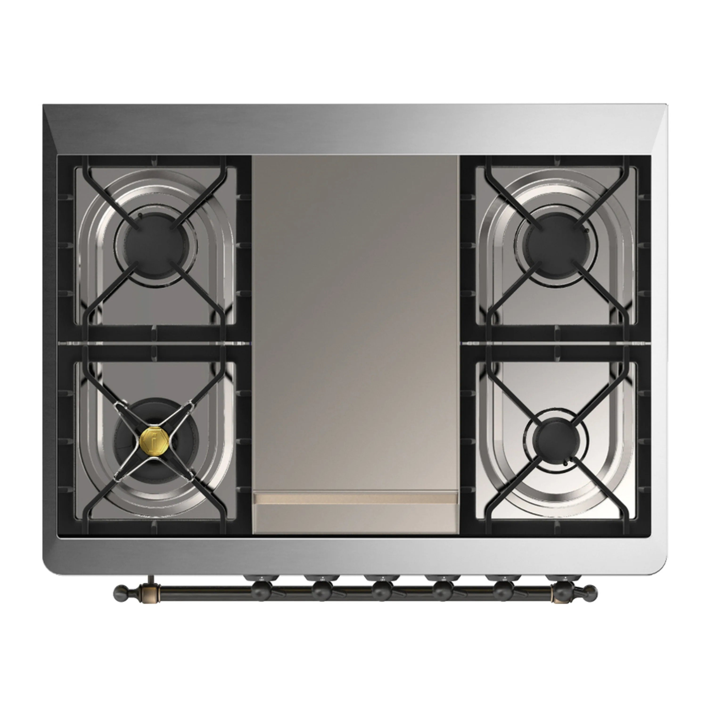 Top-down view of dual fuel cooktop with cast-iron grates and burners