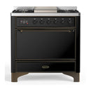 ILVE Majestic III 36-inch Dual Fuel Range with 5 Liquid Propane Burner, Griddle and Solid Door Electric Oven in Glossy Black with Burnished Trim (UM36FQNR3BKBLP)