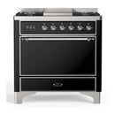 ILVE Majestic III 36-inch Dual Fuel Range with 5 Liquid Propane Burner, Griddle and Solid Door Electric Oven in Glossy Black with Chrome Trim (UM36FQNR3BKCLP)