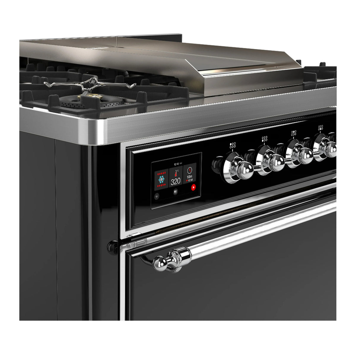 Chrome and black control panel with knobs and digital display on dual-fuel range