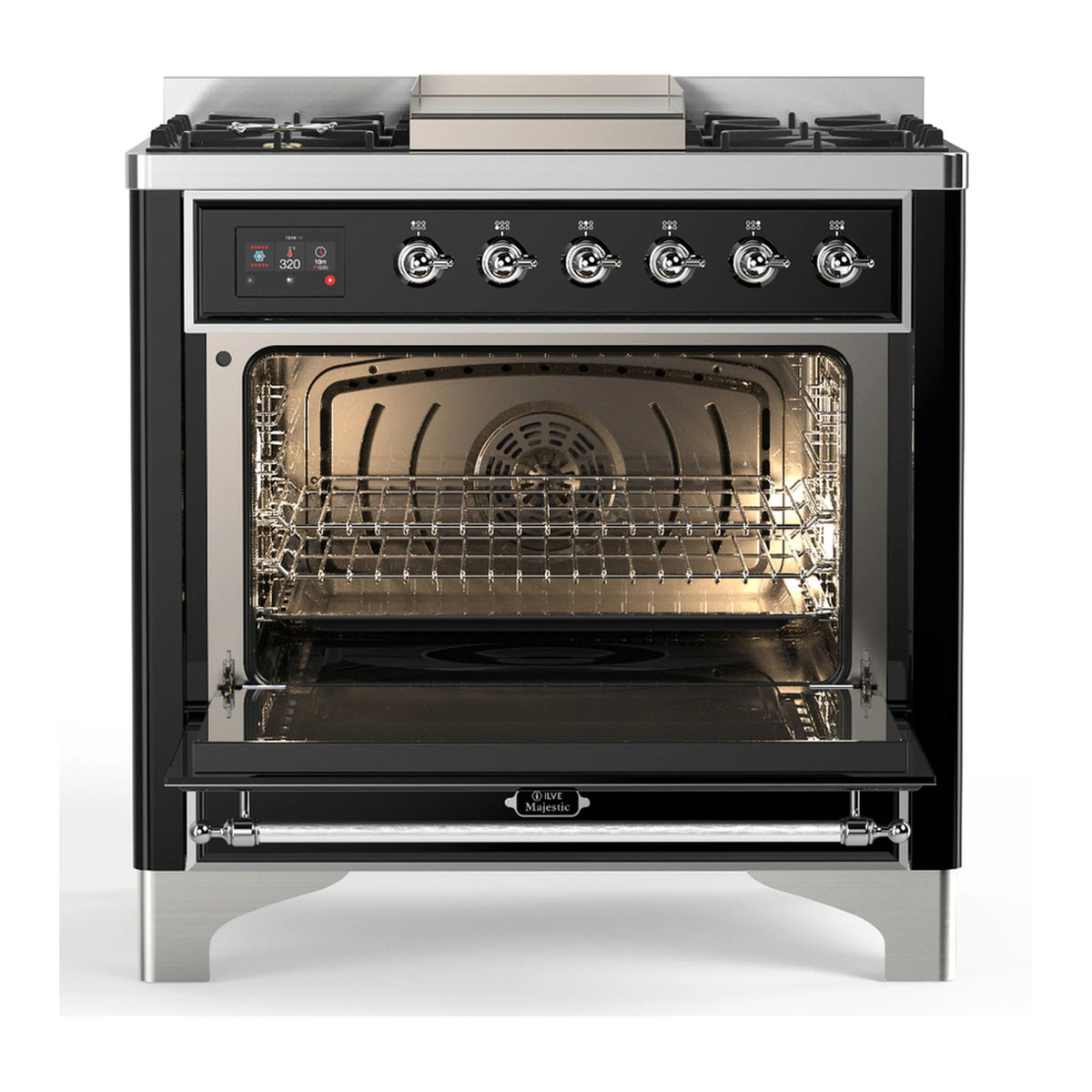 Glossy black dual-fuel range with chrome-trimmed oven door, open oven cavity