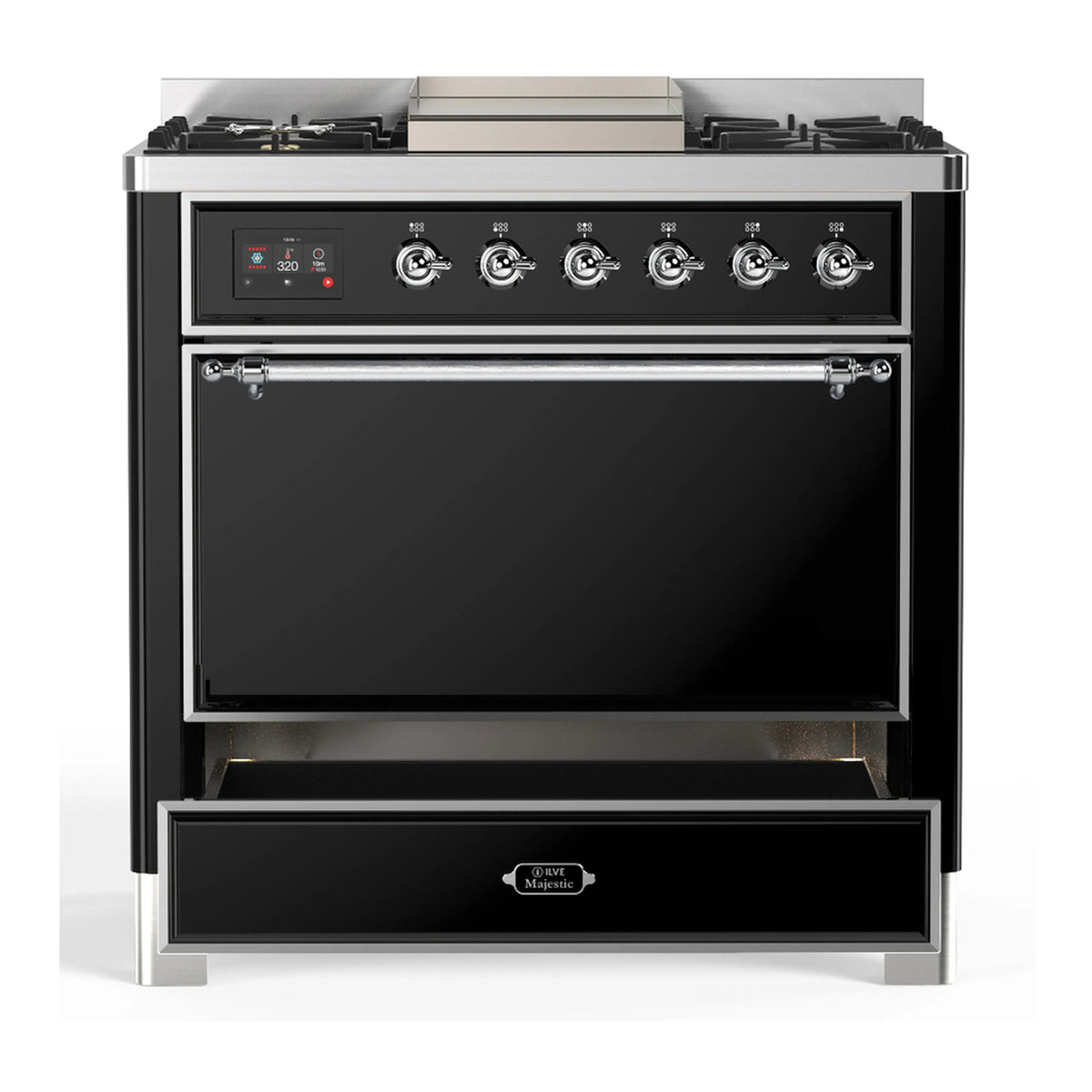 Glossy black dual-fuel range with closed glass oven door and chrome trim