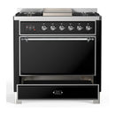 ILVE Majestic III 36-inch Dual Fuel Range with 5 Liquid Propane Burner, Griddle and Solid Door Electric Oven in Glossy Black with Chrome Trim (UM36FQNR3BKCLP)