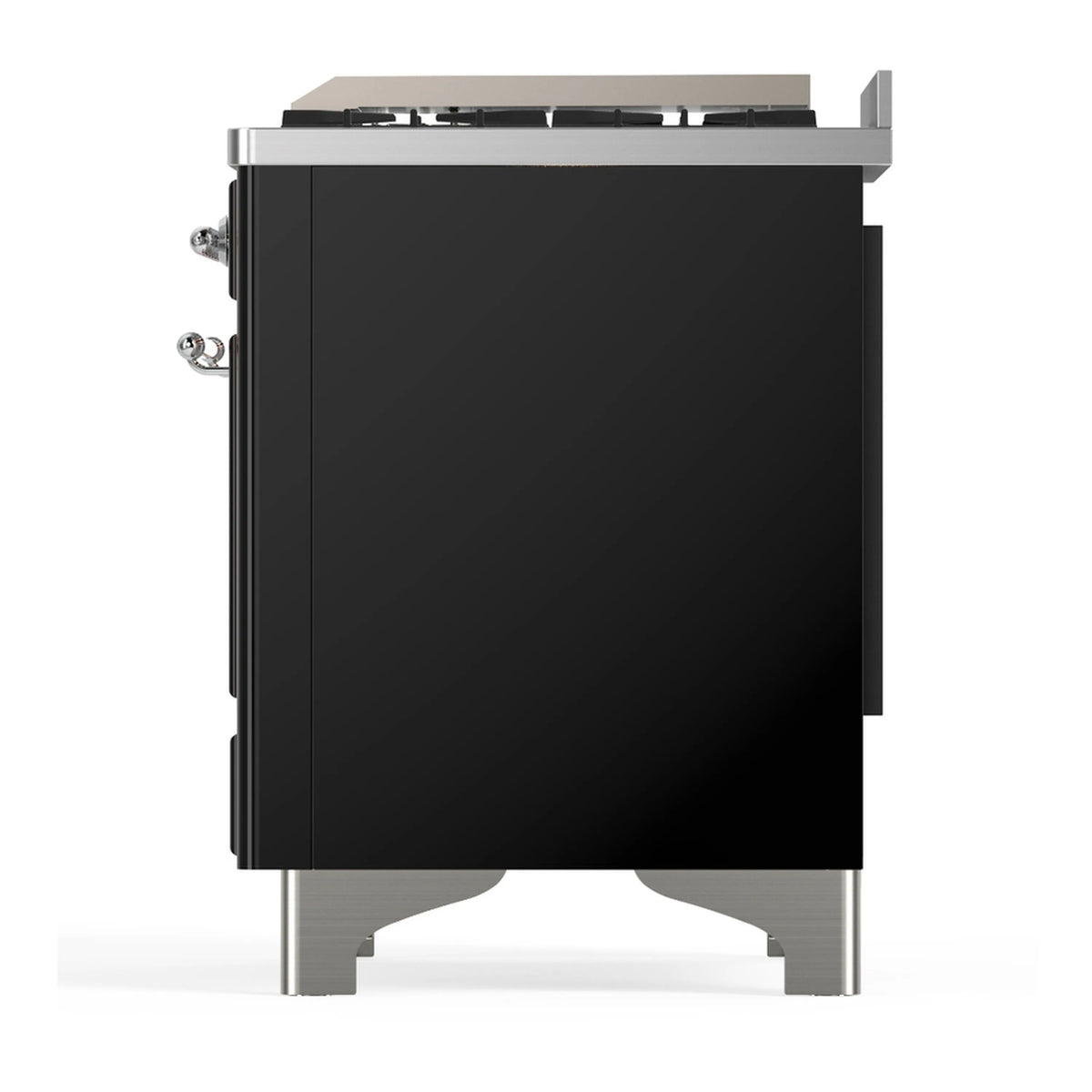 Glossy black dual-fuel range side view with chrome handles and stainless base