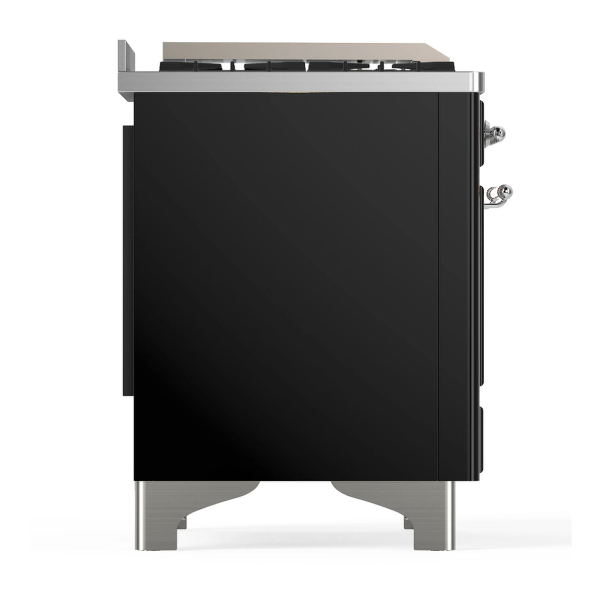Glossy black dual-fuel range angled side view with chrome side details and base