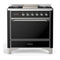 ILVE Majestic III 36-inch Dual Fuel Range with 5 Liquid Propane Burner, Griddle and Solid Door Electric Oven in Glossy Black with Chrome Trim (UM36FQNR3BKCLP)