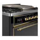 ILVE Majestic III 36-inch Dual Fuel Range with 6 Natural Gas Burner, Griddle and Solid Door Electric Oven in Glossy Black with Brass Trim (UM36FQNR3BKG)