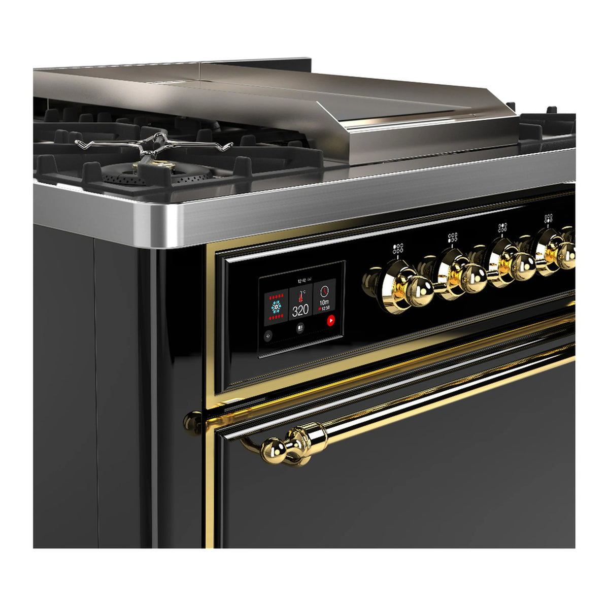 Dual fuel range cooktop with brass knobs and open lid over burners