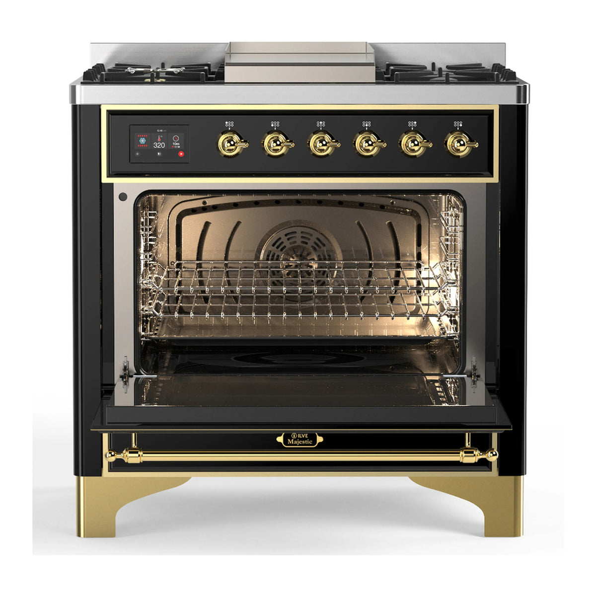 Dual fuel range with open electric oven showing wire racks and interior light