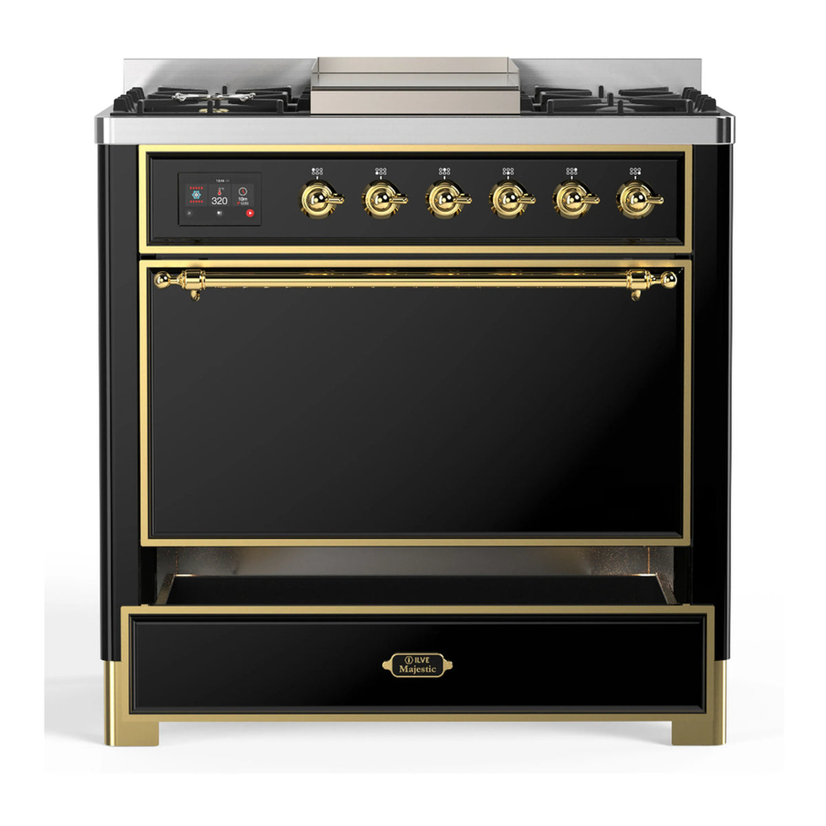 Glossy black dual fuel range with brass trim, front door panels, and six burner control knobs