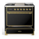ILVE Majestic III 36-inch Dual Fuel Range with 5 Liquid Propane Burner, Griddle and Solid Door Electric Oven in Glossy Black with Brass Trim (UM36FQNR3BKGLP)