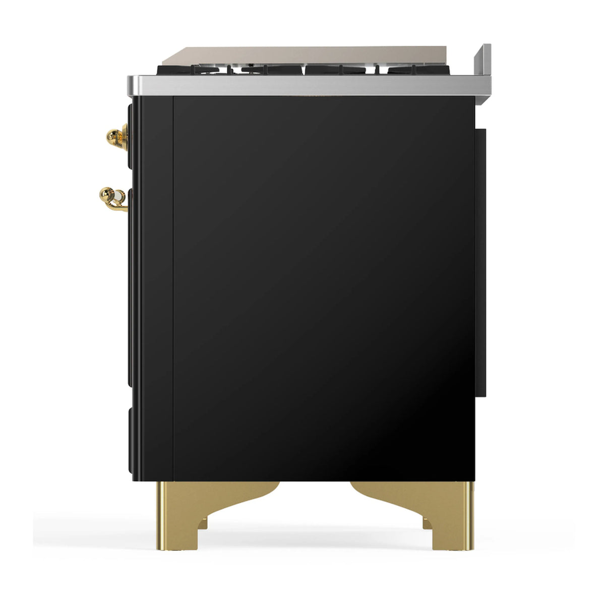 Black side of dual fuel range with brass legs and side/edge panel trim details