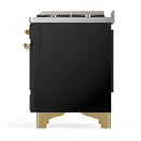 ILVE Majestic III 36-inch Dual Fuel Range with 5 Liquid Propane Burner, Griddle and Solid Door Electric Oven in Glossy Black with Brass Trim (UM36FQNR3BKGLP)