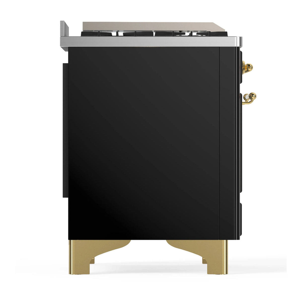 Glossy black range side panel with brass hardware and feet