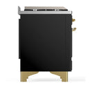 ILVE Majestic III 36-inch Dual Fuel Range with 5 Liquid Propane Burner, Griddle and Solid Door Electric Oven in Glossy Black with Brass Trim (UM36FQNR3BKGLP)